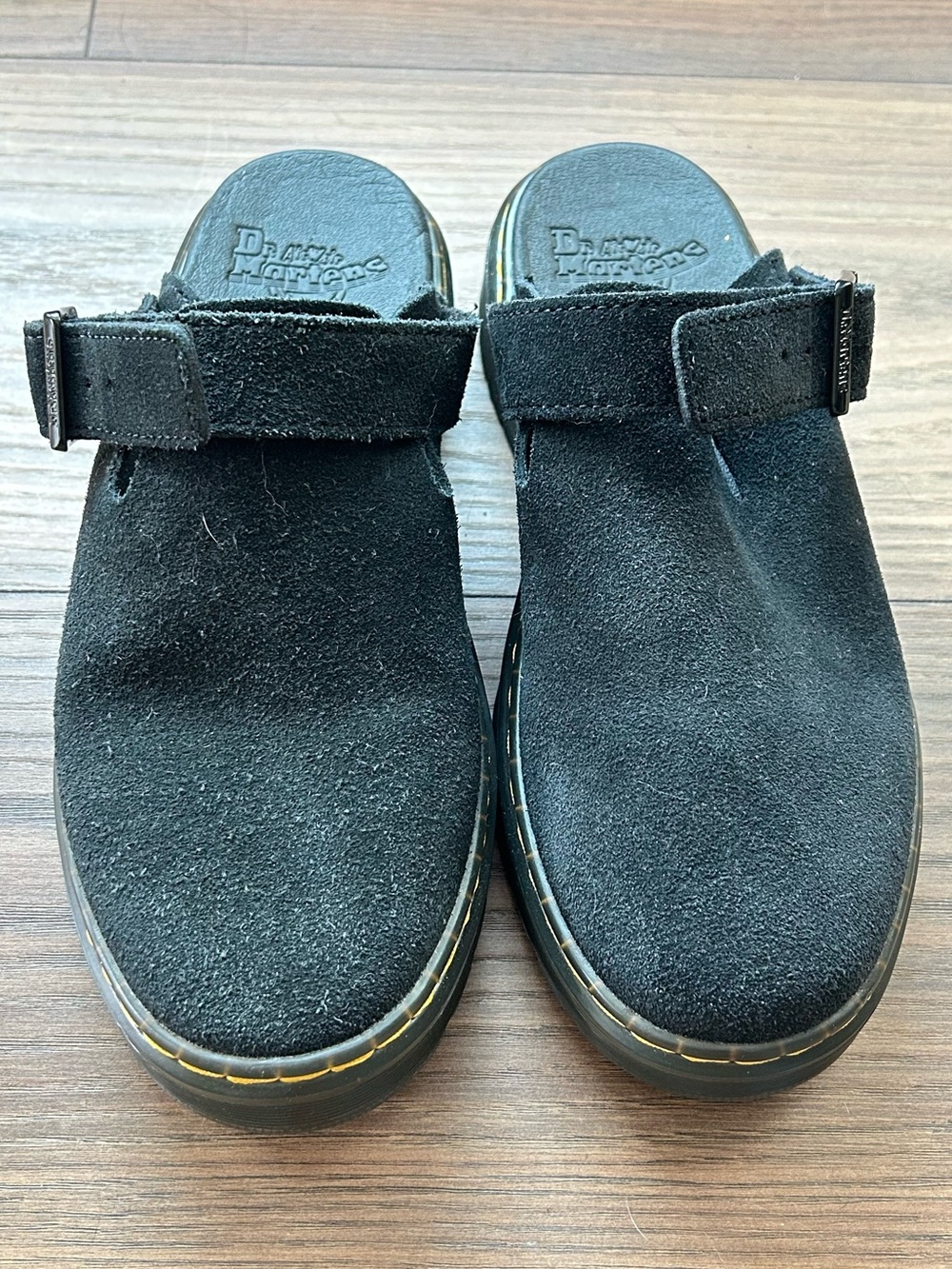 Dr. Martens Black Suede Slip-On Clog Mules with Yellow Stitching - Picture 1 of 4